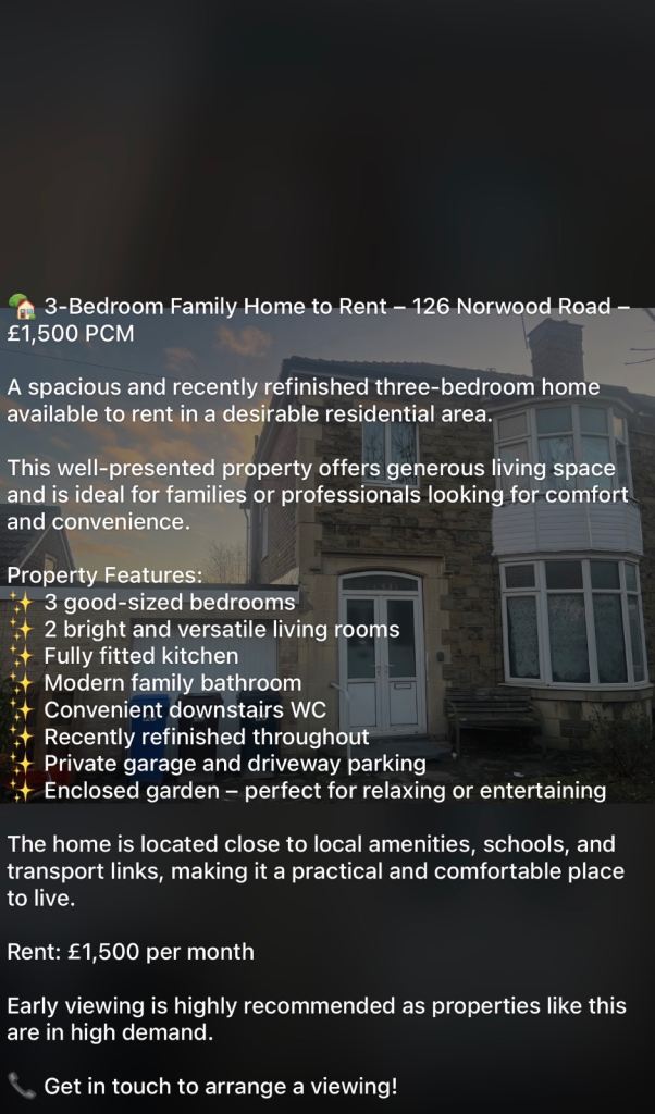 3-Bedroom Family Home to Rent - 126 Norwood Road