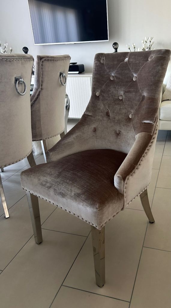 Set of 6 Champagne Velvet Dining Chairs - Excellent Condition