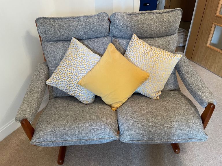 Teak Wood Framed Grey Two Seater Sofa