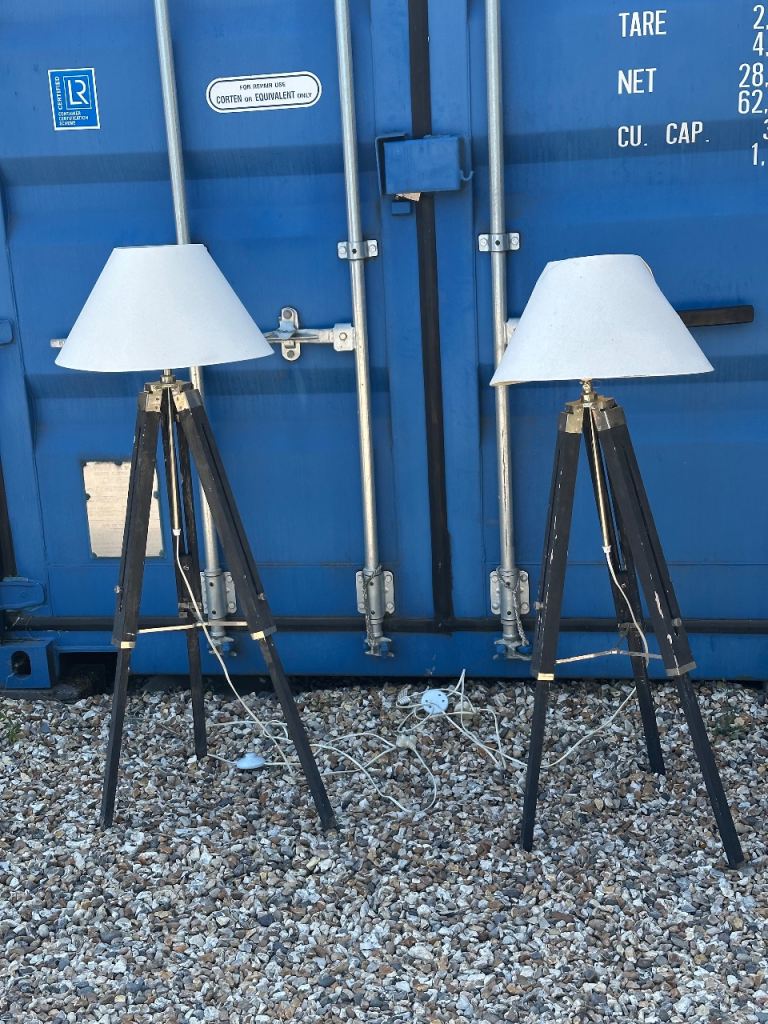 Pair of Tripod Floor Lamps with White Shades – Good Condition
