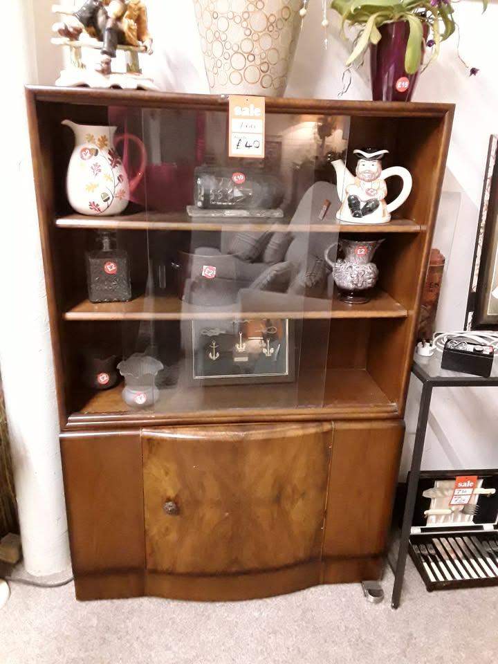 Vintage walnut veneer glass fronted cabinet Low Cost Moves 2nd Hand Furniture STALYBRIDGE SK15 3DN
