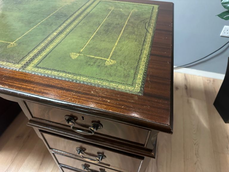 Large Antique Style Captains Bankers Desk Green Leather Twin Pedestal Partners #32