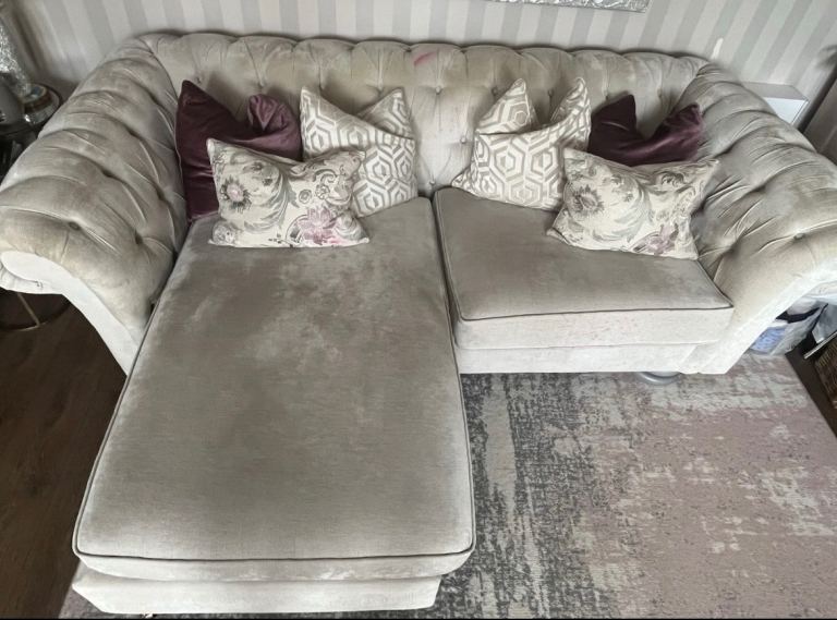 NEXT Gosford Buttoned Sumptuous Velour Light Stone Corner Sofa Grey Fabric