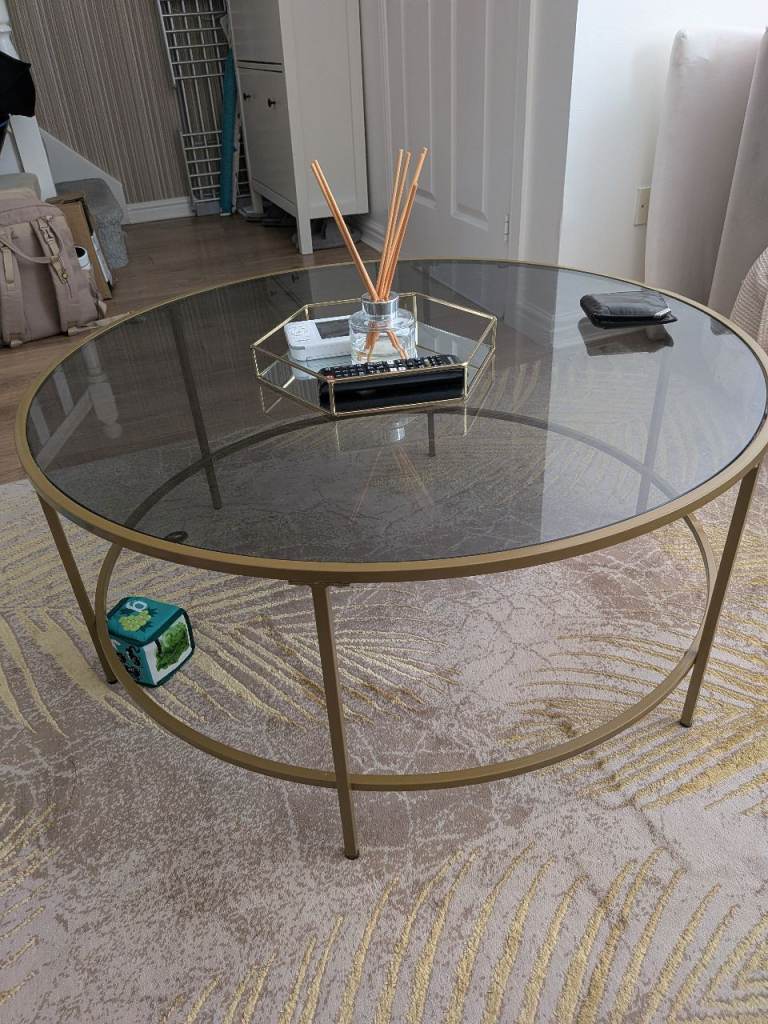Round Glass Coffee Table with Gold Metal Frame – Good Condition