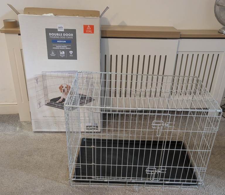 Grey Pets At Home double door medium crate - with box 