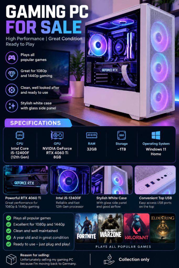 Gaming PC for Sale – RTX 4060 Ti / i5 / 32GB RAM | in Richmond, London ...