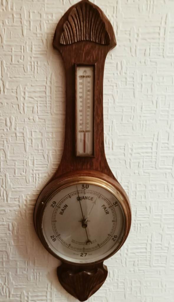 Antique 'Banjo' Barometer. British made, solid wood, carved.
