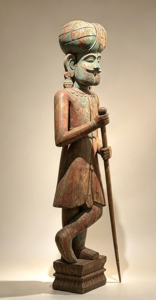 Antique / Vintage Hand-Carved Wooden Rajput Guardian Statue