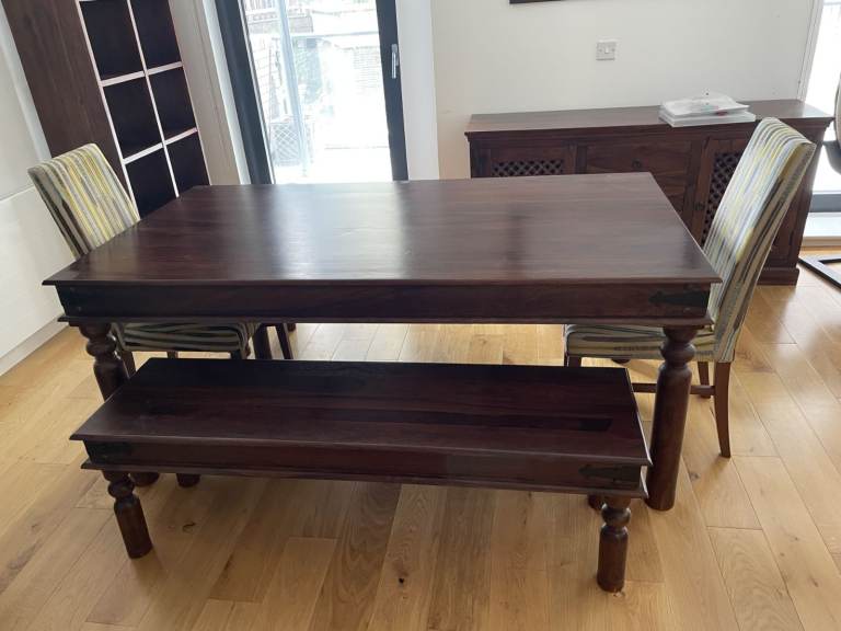 John Lewis Maharani - Solid Wood Dining Table with Benches and Chairs