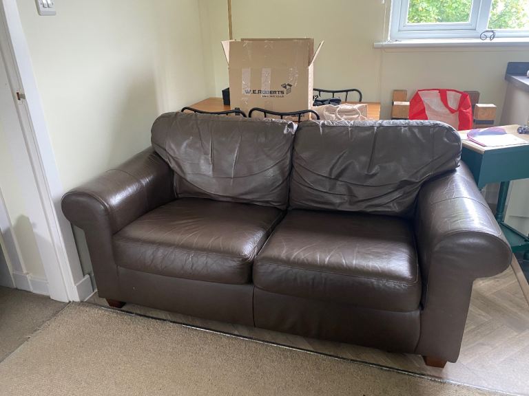 Brown Leather 2-Seater Sofa – Good Condition