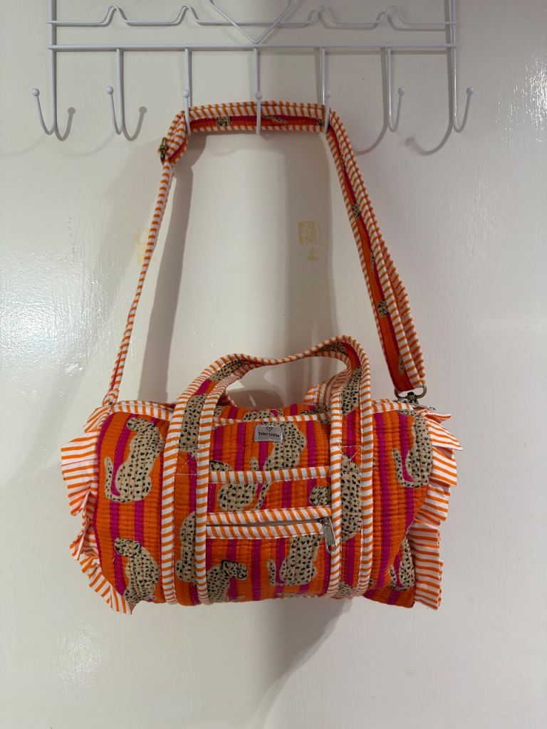 Hand block print cotton mini frill duffle strap crossbody bag Hippy boho festival
