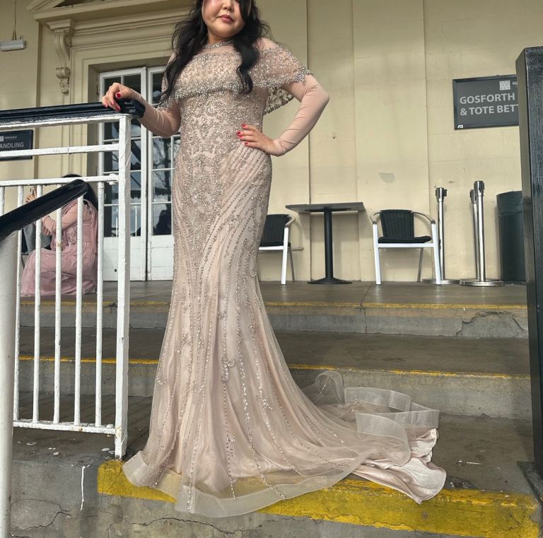Champagne/Nude Full Hand-Beaded Prom Dress – Missing a Few Beads
