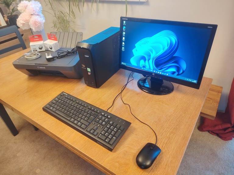 Desktop PC Complete Win 11 Setup with Monitor, Keyboard, Mouse, and Printer