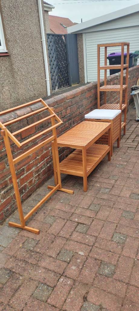 Rare (discontinued) Ikea Molger Bathroom Birch Wood Slatted Bench with Cushion and Storage Shelf
