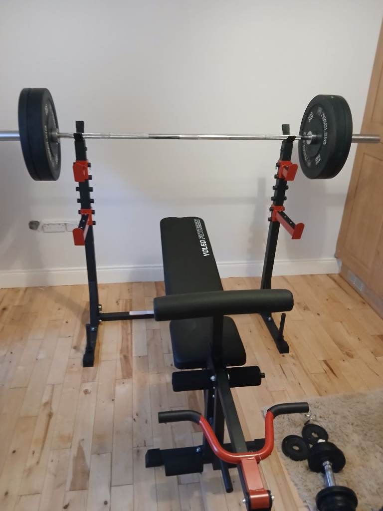 Olympic weight bench, squat rack and weights