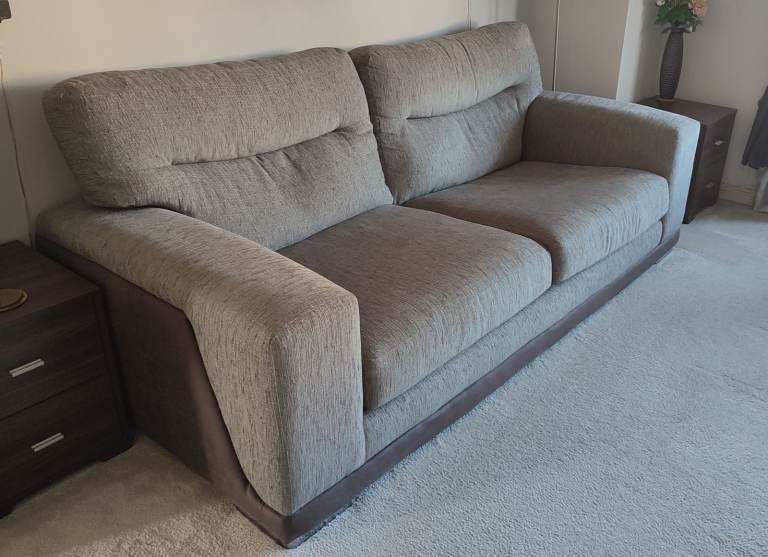 SCS 3 seater chenille fabric/ brown leather effect sofa, grey-beige colour, in great condition