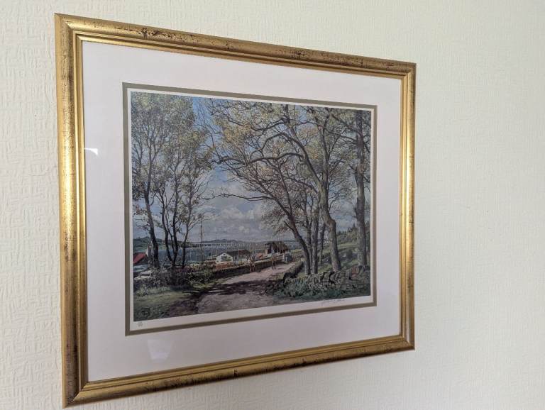 Framed Landscape Print of Royal Tay Yacht Club and Tay Bridge by McIntosh Patrick 1966 – Gold Frame
