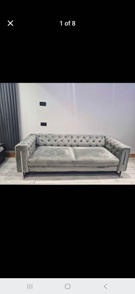 Grey Velvet Chesterfield Style Sofa – Good Condition