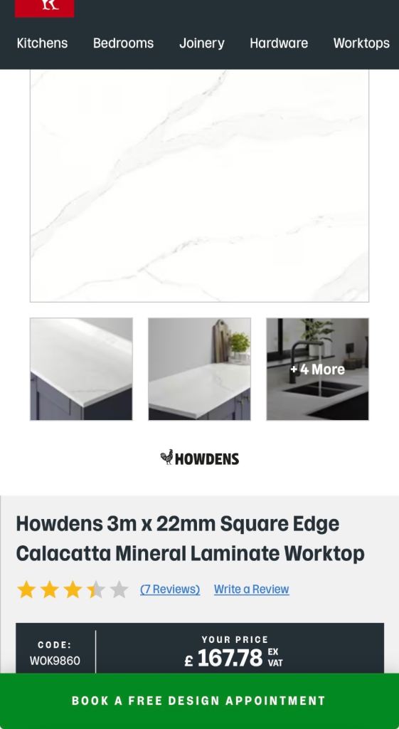 Howdens 3m Calacatta Mineral Laminate Worktop – Brand New