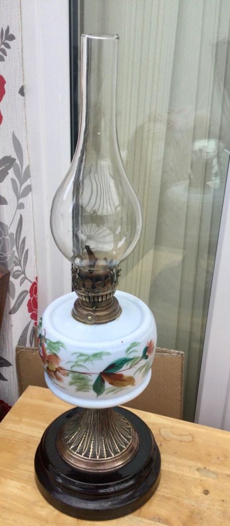  Antique Brass & Hand Painted Ceramic Single Burner Oil Lamp with Glass Funnel