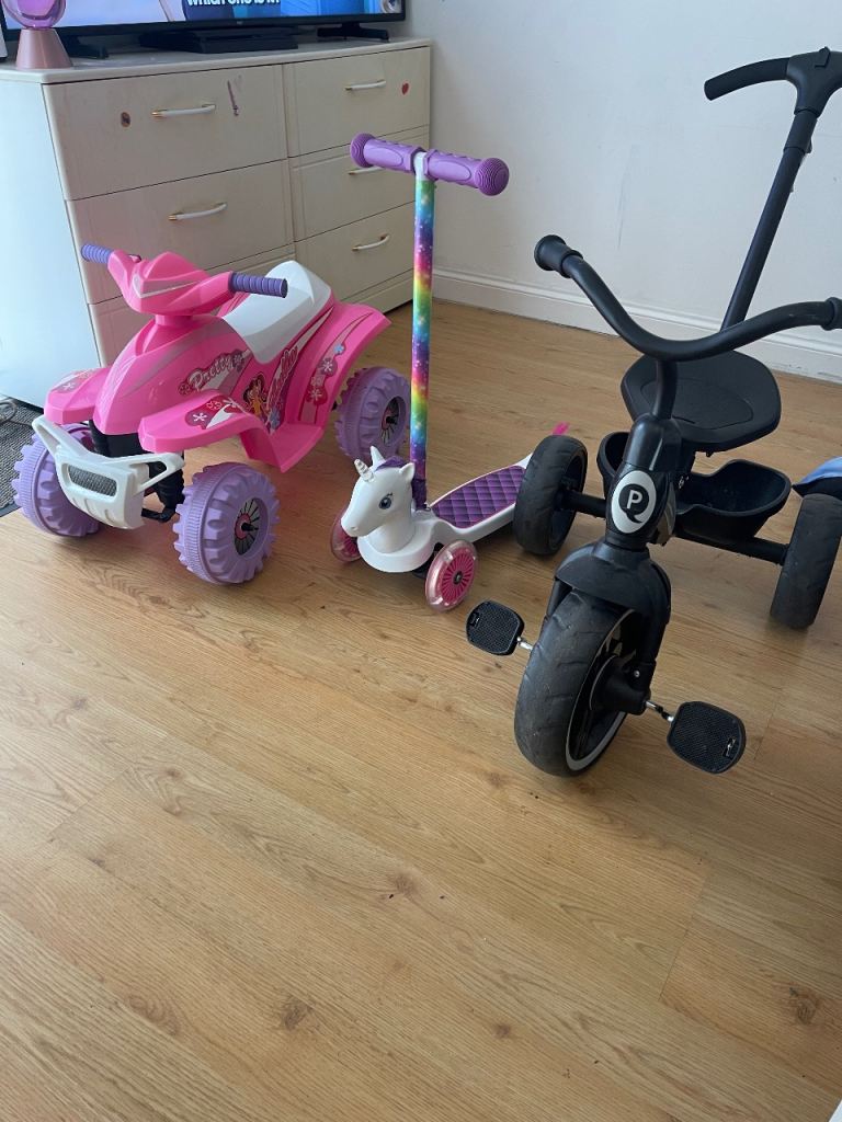 Kids Pink Quad bike, kids unicorn scooter and kids trike 