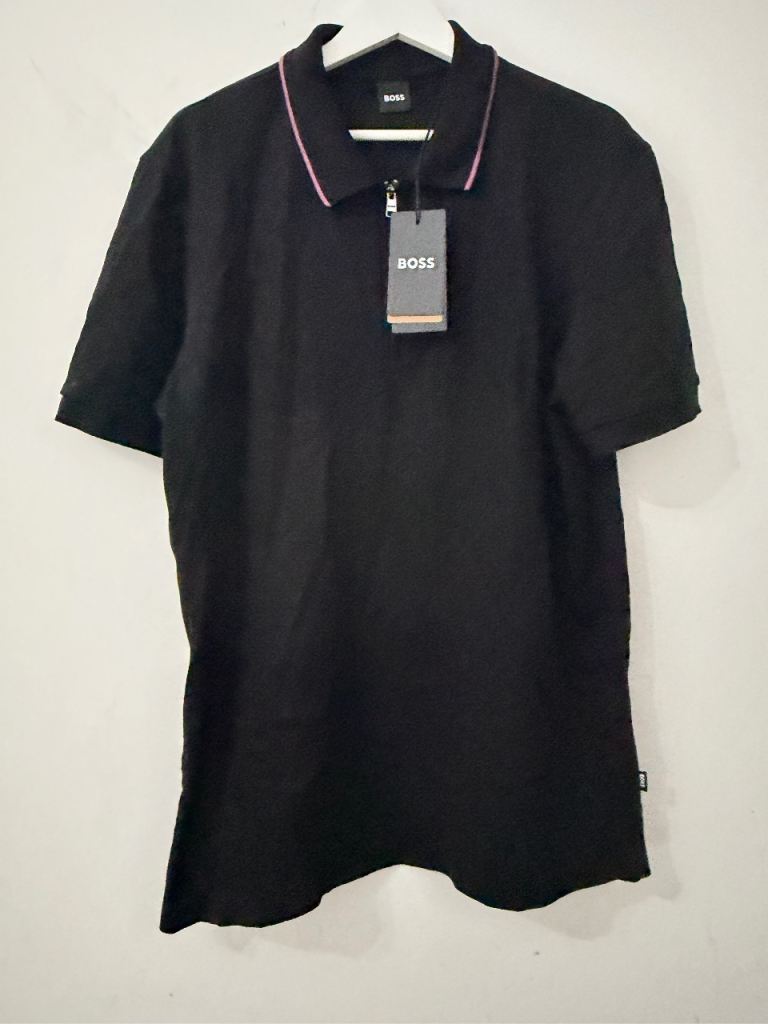 BOSS Black Polo Shirt with Zip Neck – Brand New with Tags