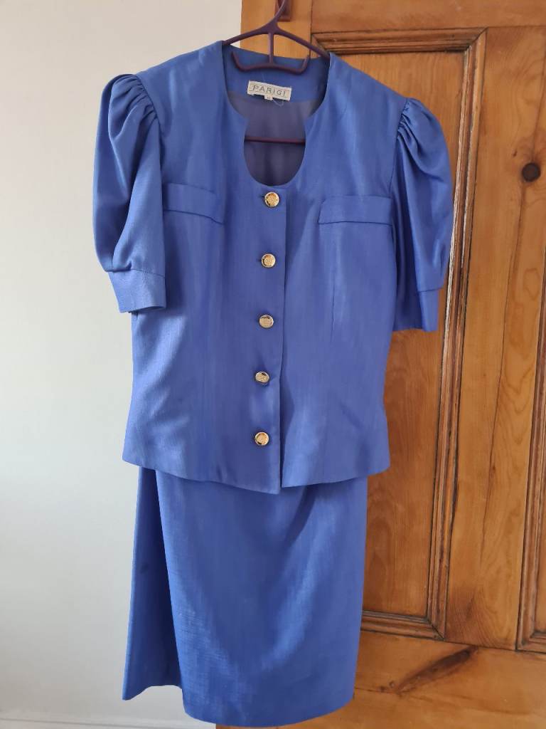 PARIGI Blue Skirt Suit with Gold Buttons – Good Condition