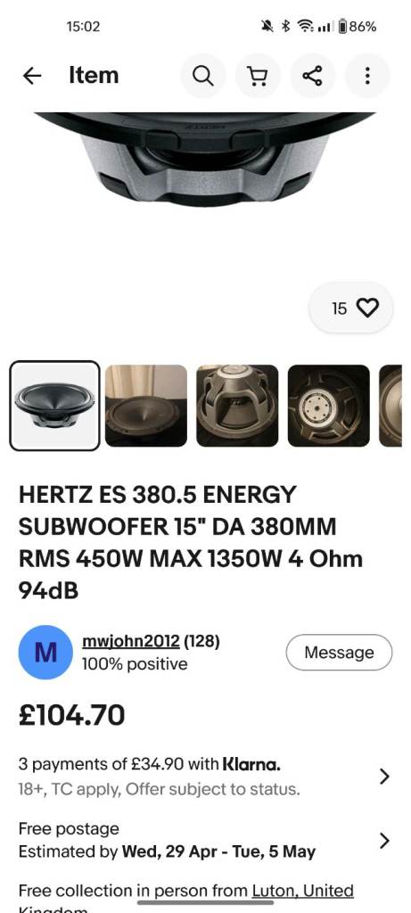 Hertz 15 inch subwoofer NO BOX 