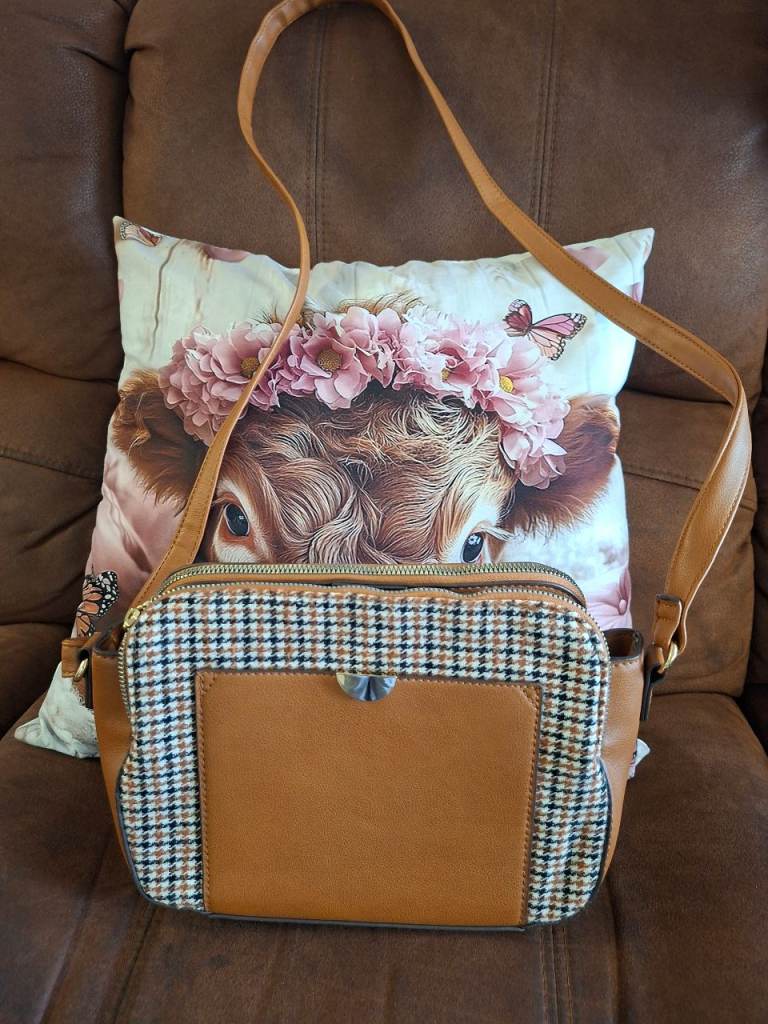 Brown Crossbody Bag with Check Pattern – Good Condition