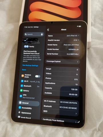 Ipad mini 7, 128gb, WiFi, immaculate condition, 100% battery