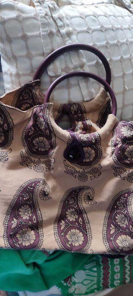 Paisley Pattern Fabric Shoulder Bag with Purple Handles