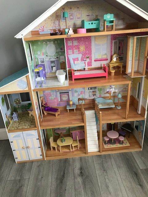  Very Tall Wooden Dollhouse with Furniture – Good Condition