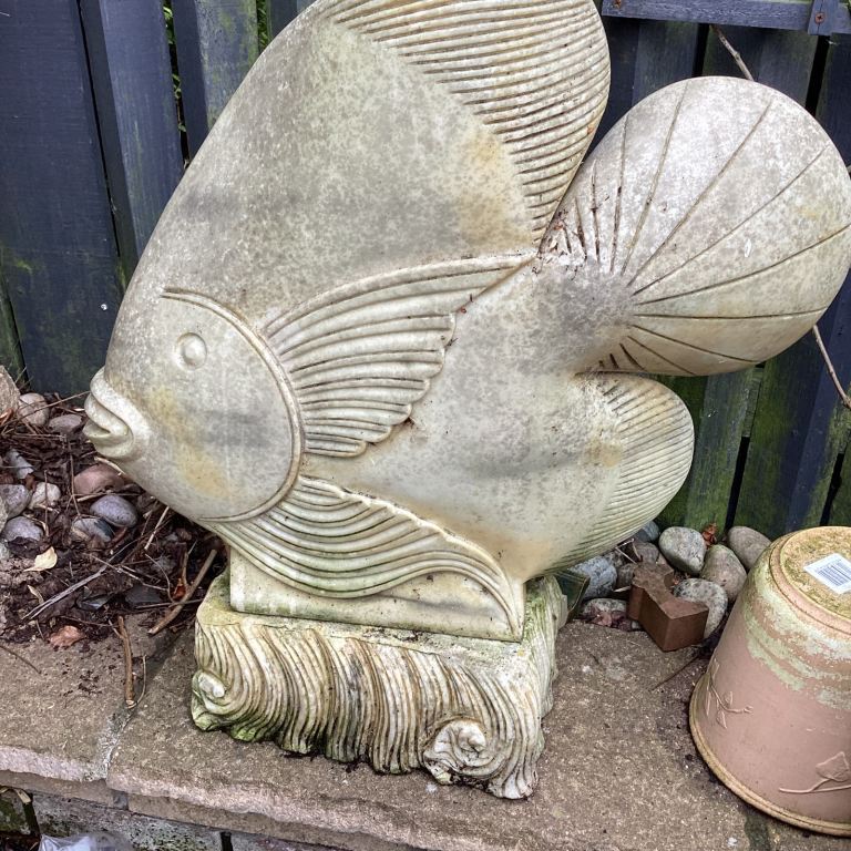 CRUSHED MARBLE FISH GARDEN STATUE , EXTREMELY HEAVY 