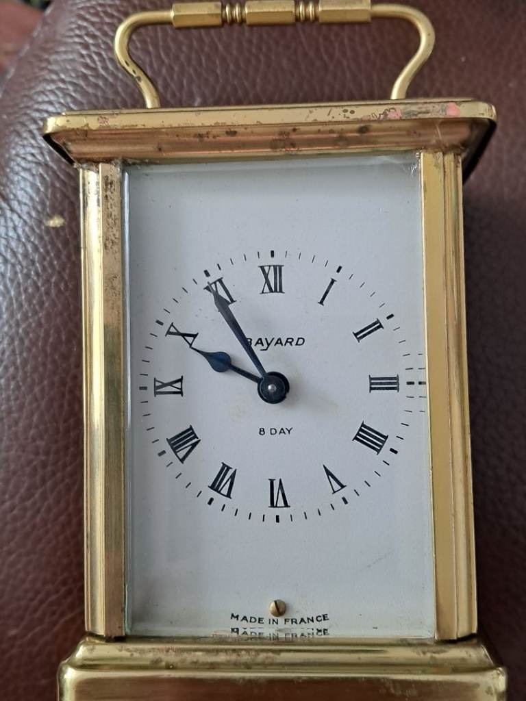 Vintage brass carriage clock by Bayard Made in France 8 Day  9 Jewel. Number 76