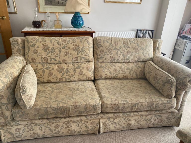 Beige Fabric Two-Seater Sofa with Floral Pattern – Good Condition