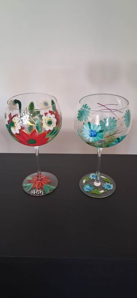 2 X hand painted floral large gin glasses