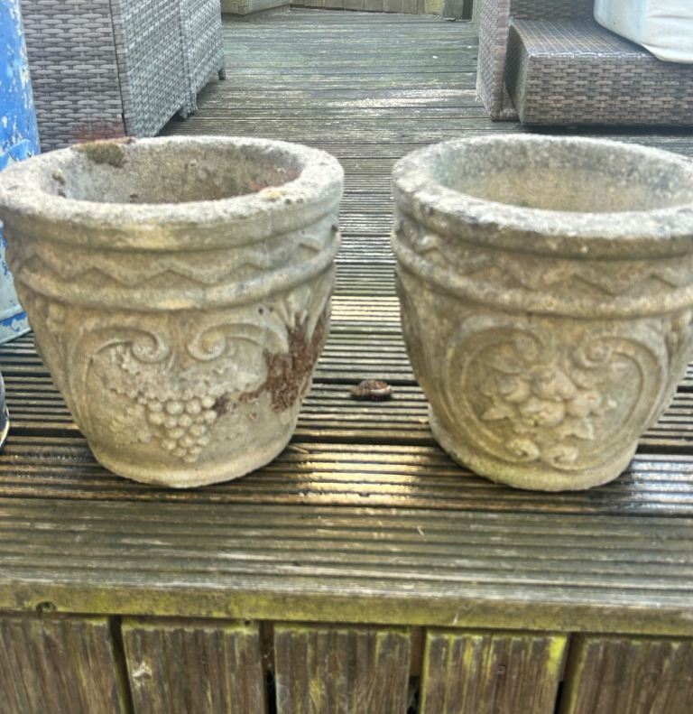Pair of Beautiful solid stone Vintage plant pots with decorative pattern 