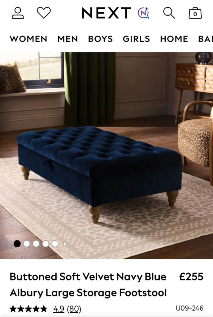 NEXT Buttoned Soft Velvet Navy Blue Albury Large Storage Footstool RRP £255