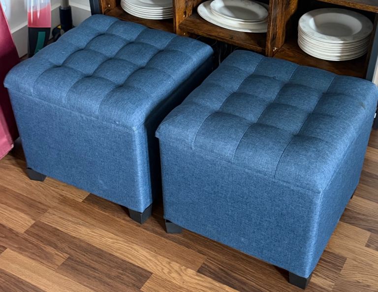 Pair of Blue Fabric Storage Ottomans / Stools – Good Condition