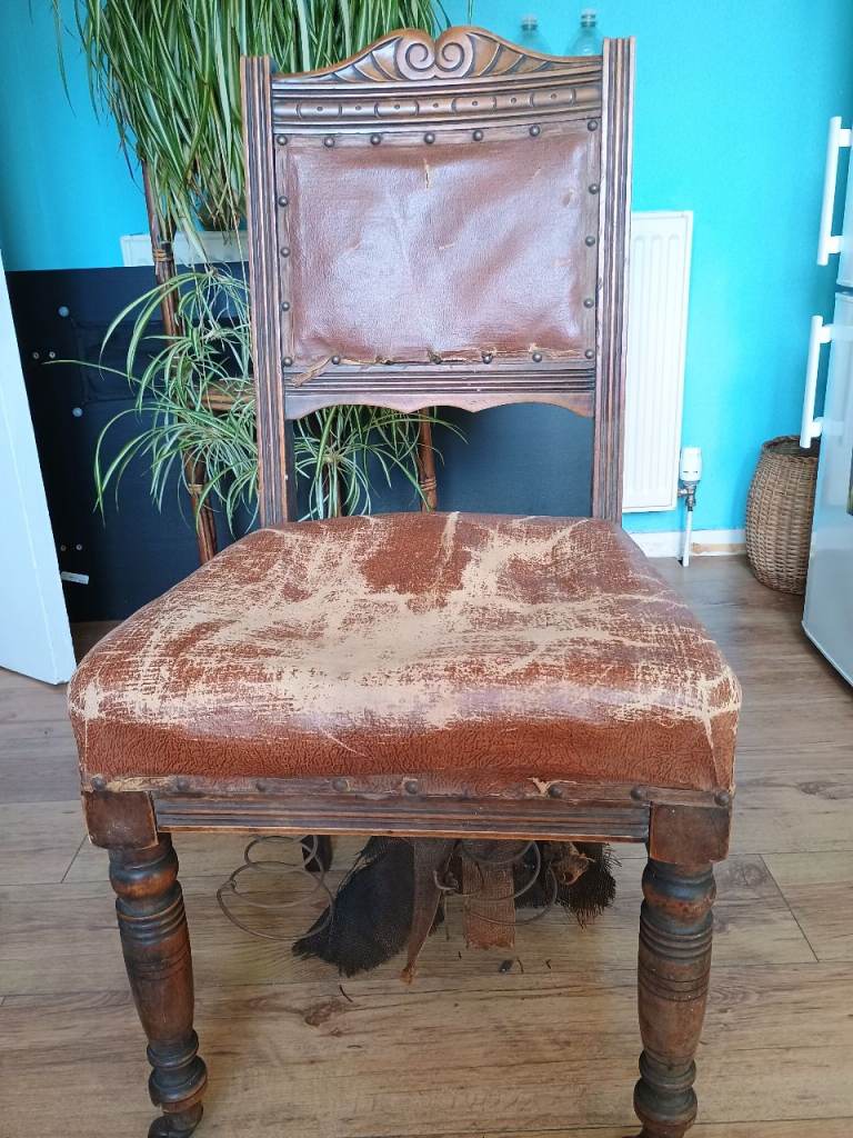 A Victorian Antique oak vinyl upholstered High Back dining chair c.1895