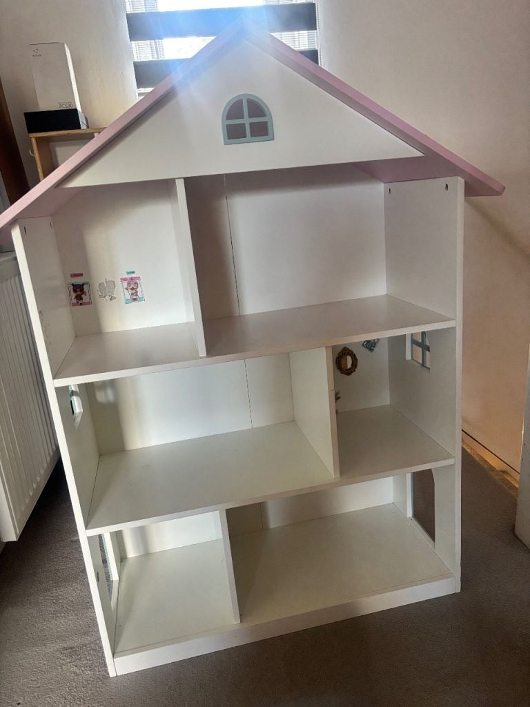 Large Wooden Dolls House - White with Pink Roof, Good Condition