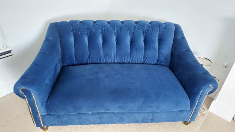 Blue Velvet Chesterfield Style Sofa – Good Condition