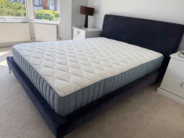 King Size Bed Frame – Upholstered Navy, Excellent Condition