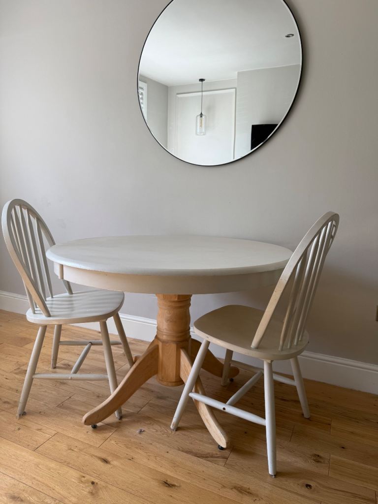 White Solid Oak Round Dining Table and Two Chairs