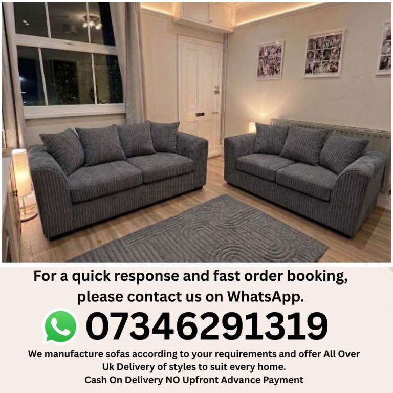 Pair of Grey Cord Fabric 3-Seater Sofas - Excellent Condition