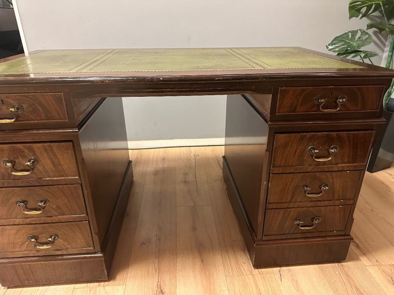 Large Antique Style Captains Bankers Desk Green Leather Twin Pedestal Partners #32