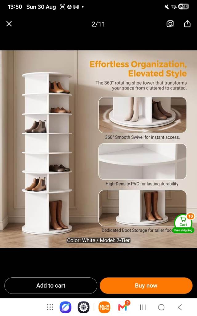 New 7-Tier Rotating Shoe Rack - White PVC, 184cm Tall