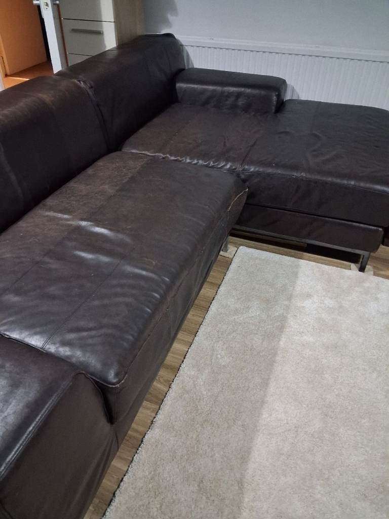 Brown Leather Corner Sofa with Footstool – Fair Condition