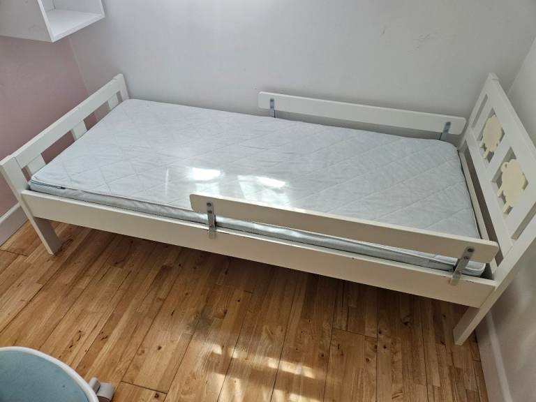 White Children's Bed with Safety Rails and Mattress