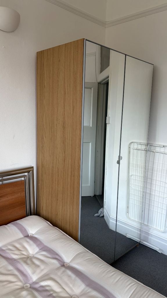 Set of Bed frame , Mattress and Wooden Wardrobe with Mirrored Door – Good Condition
